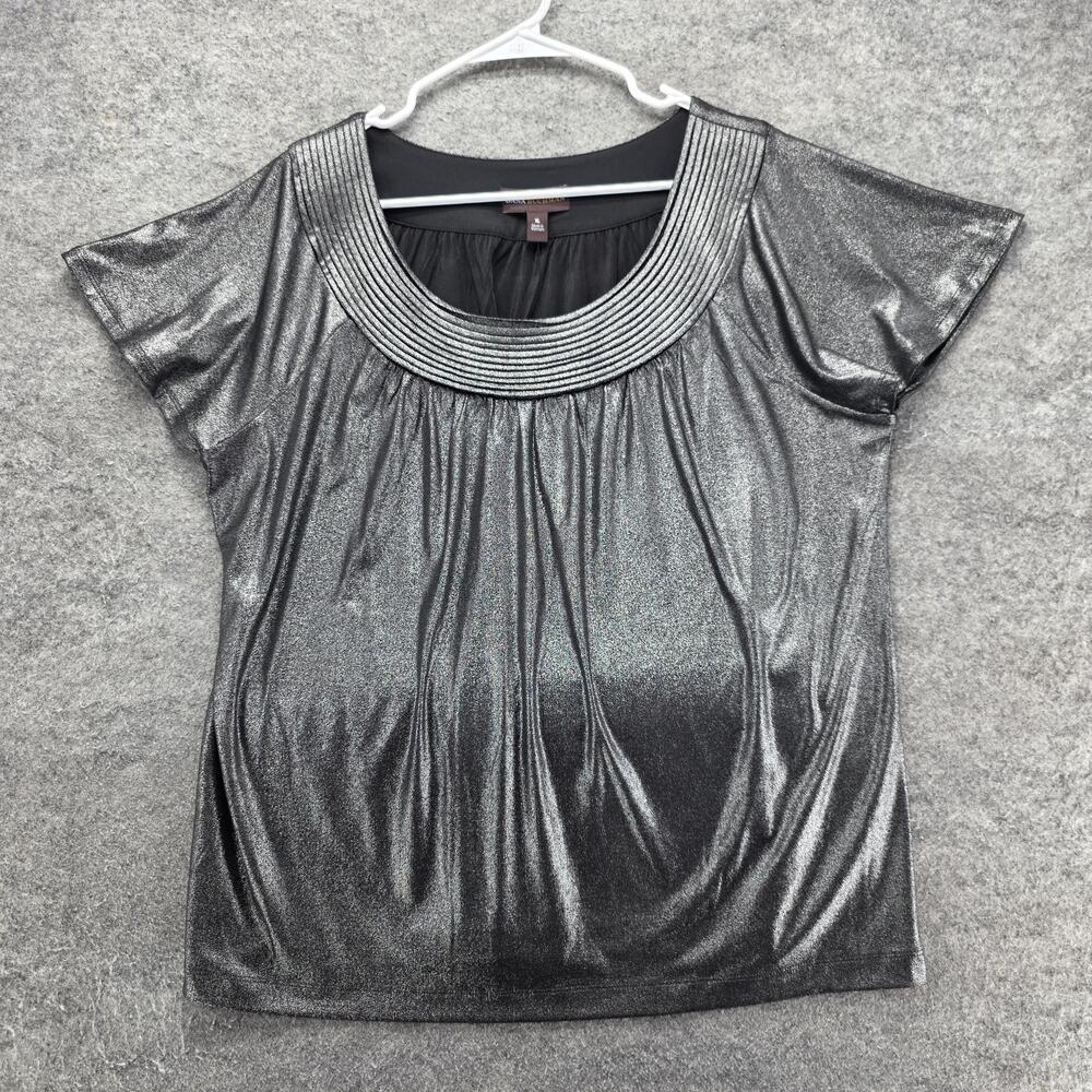 Dana Buchman Tunic Blouse Womens XL Silver Round Neck Kimono Sleeve Pleated